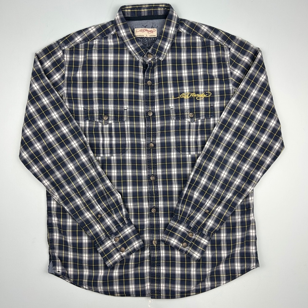Ed Hardy Mens Plaid Button Down Shirt Navy Blue Yellow Eagle Logo Size Large Y2K